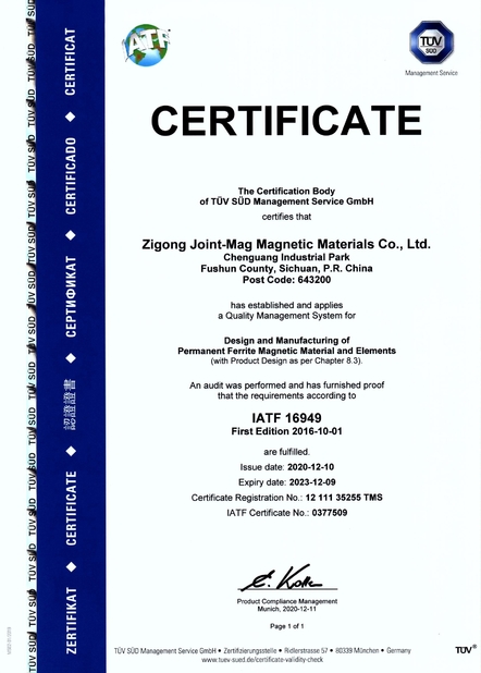 China JOINT-MAG Magnetic Materials Co., Ltd. Zigong Certificações
